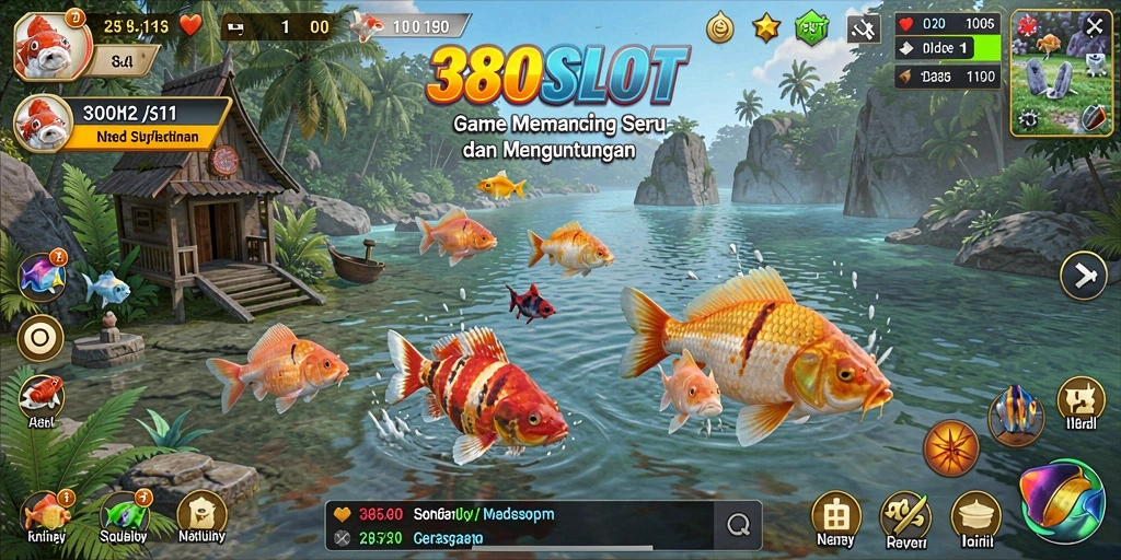 Screenshot utama 380SLOT menampilkan aksi memancing yang penuh warna.