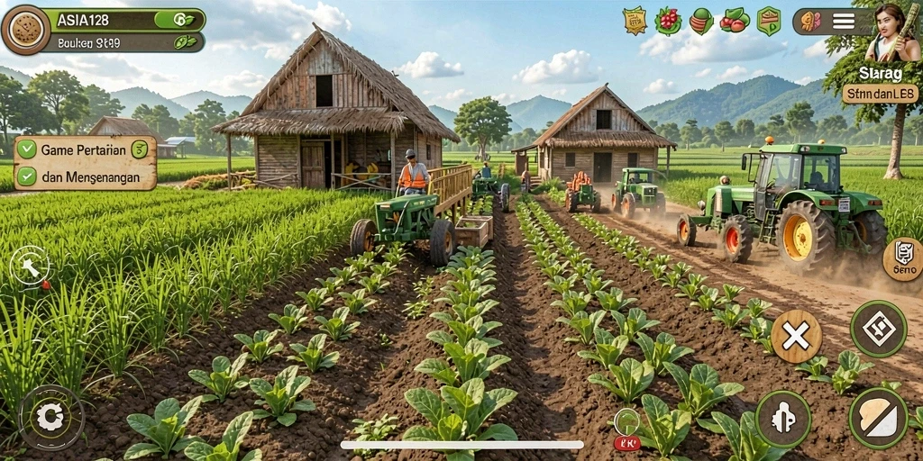 Tampilan menarik dari gameplay ASIA128 yang menunjukkan aktivitas pertanian.