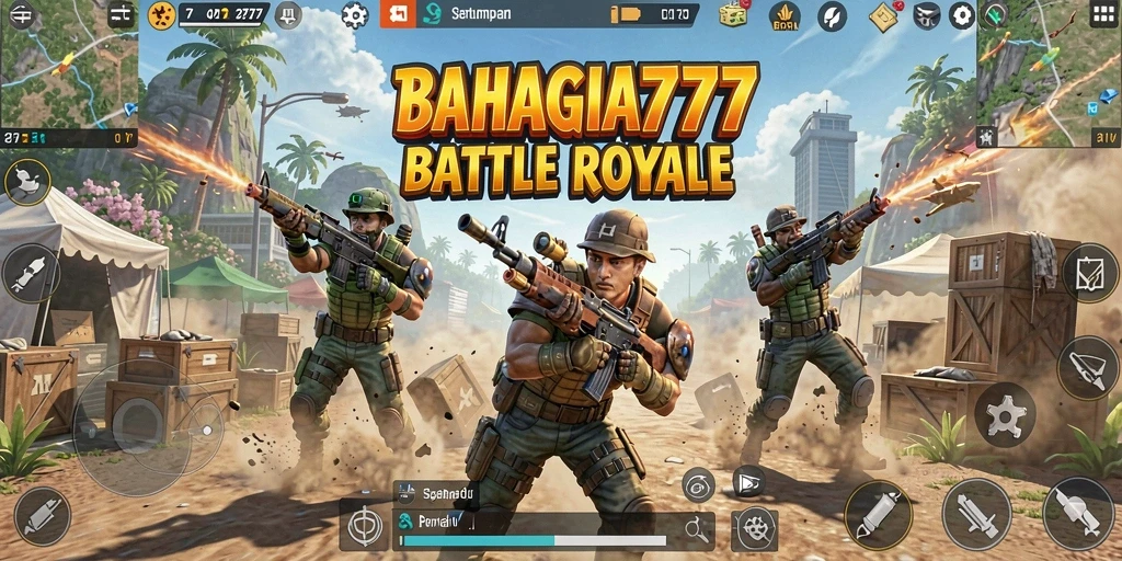 Screenshot BAHAGIA777 menampilkan aksi pertempuran intens dalam arena yang luas.