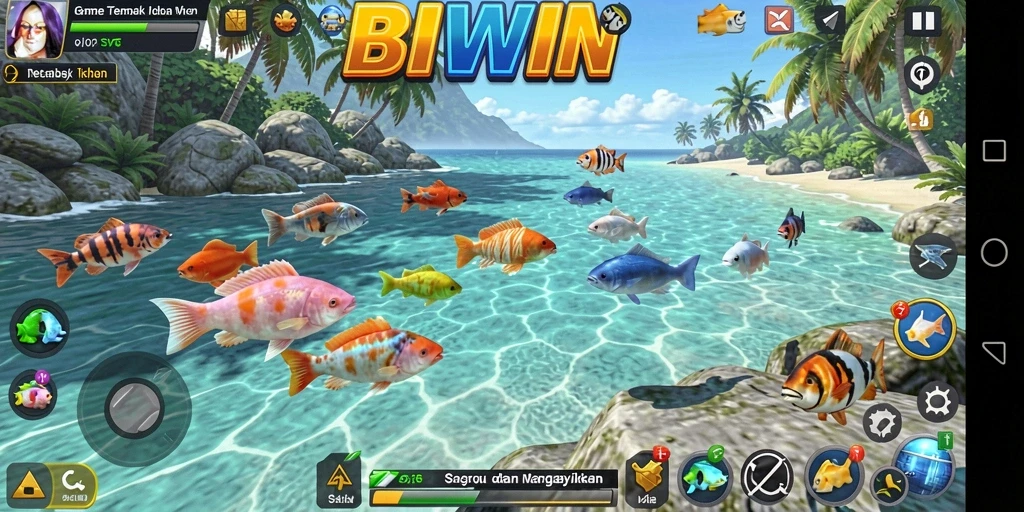 Tampilan gameplay seru dalam BIWIN saat menembak ikan.