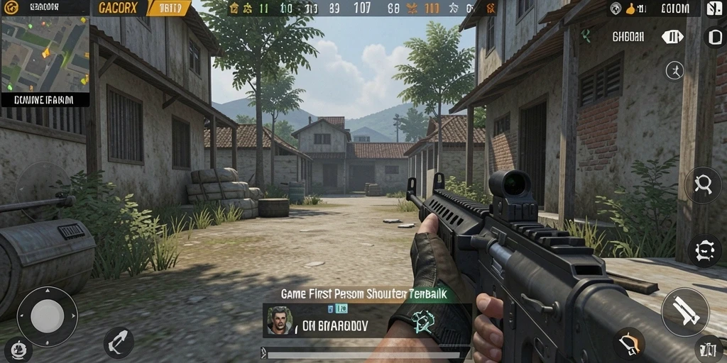 Screenshot GACORX menunjukkan aksi intens dalam pertempuran FPS.