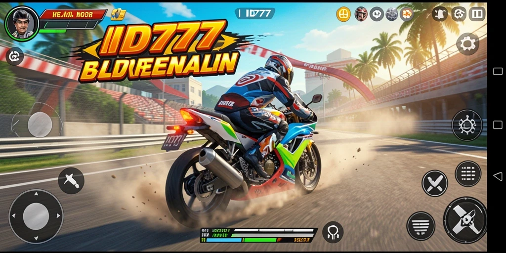 Screenshot ID777 menampilkan aksi balapan motor yang mendebarkan.