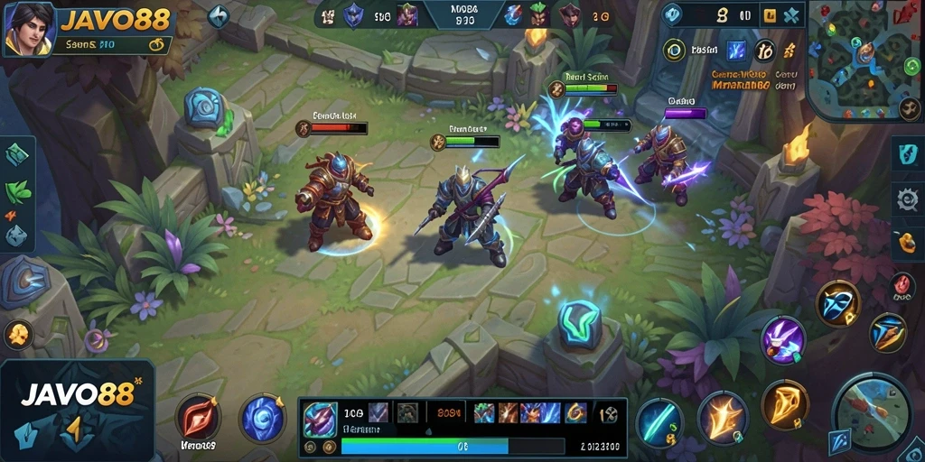 Screenshot utama JAVO88 menampilkan aksi pertempuran MOBA yang mendebarkan.