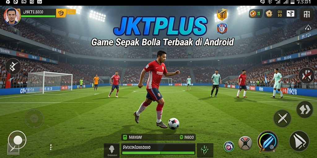 Gameplay JKTPLUS menampilkan pertandingan sepak bola yang seru dan kompetitif.