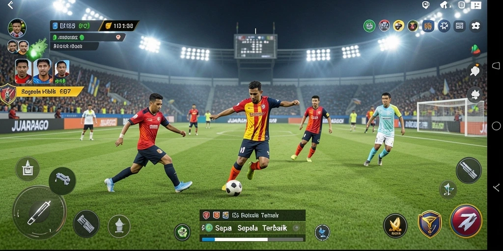 Tampilan gameplay JUARAGO dengan aksi di lapangan sepak bola.