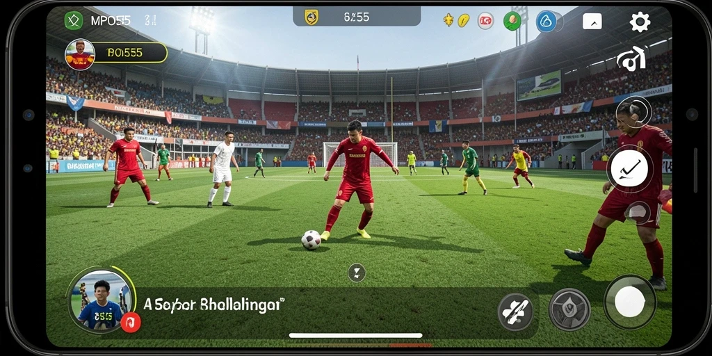 Screenshot gameplay MPO555 menampilkan aksi mendebarkan di lapangan sepak bola.