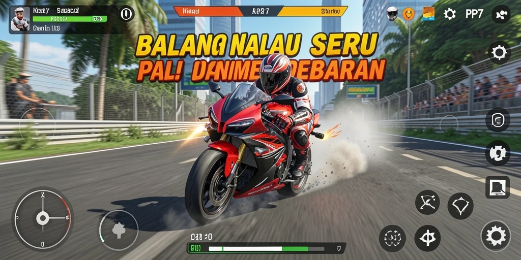 Screenshot gameplay PP7 yang menunjukkan aksi balap motor yang seru