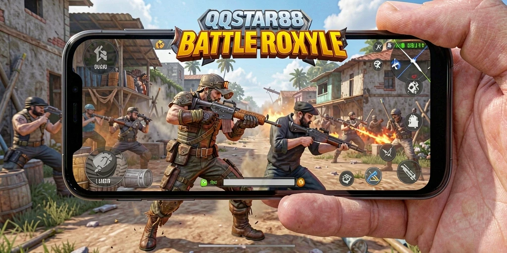 Screenshot gameplay QQSTAR88 menunjukkan pertempuran intens di arena Battle Royale.