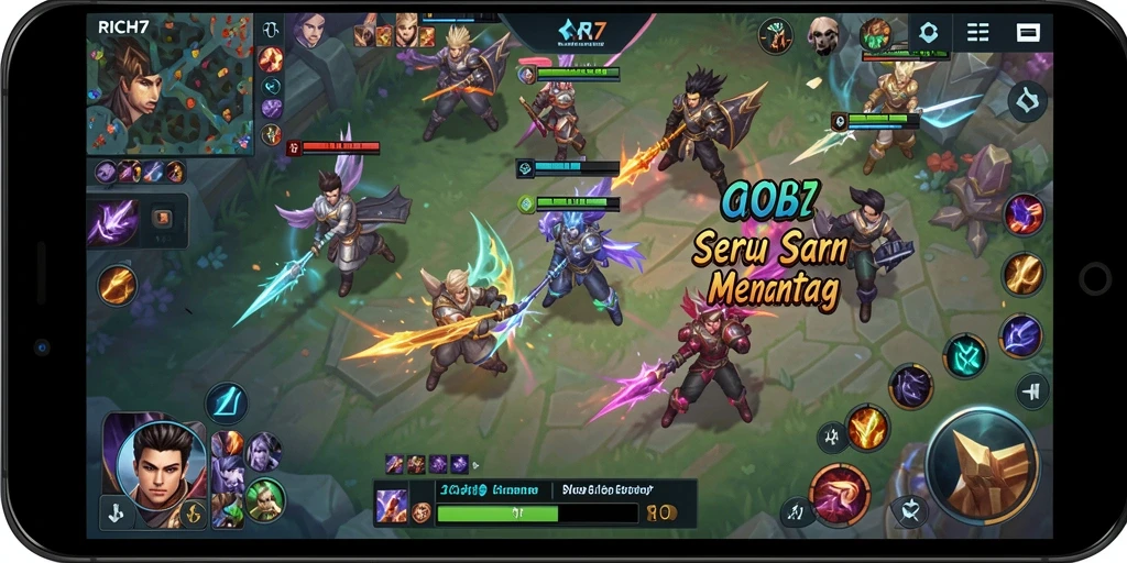 Screenshot gameplay RICH7 menampilkan aksi pertempuran yang seru di arena MOBA.