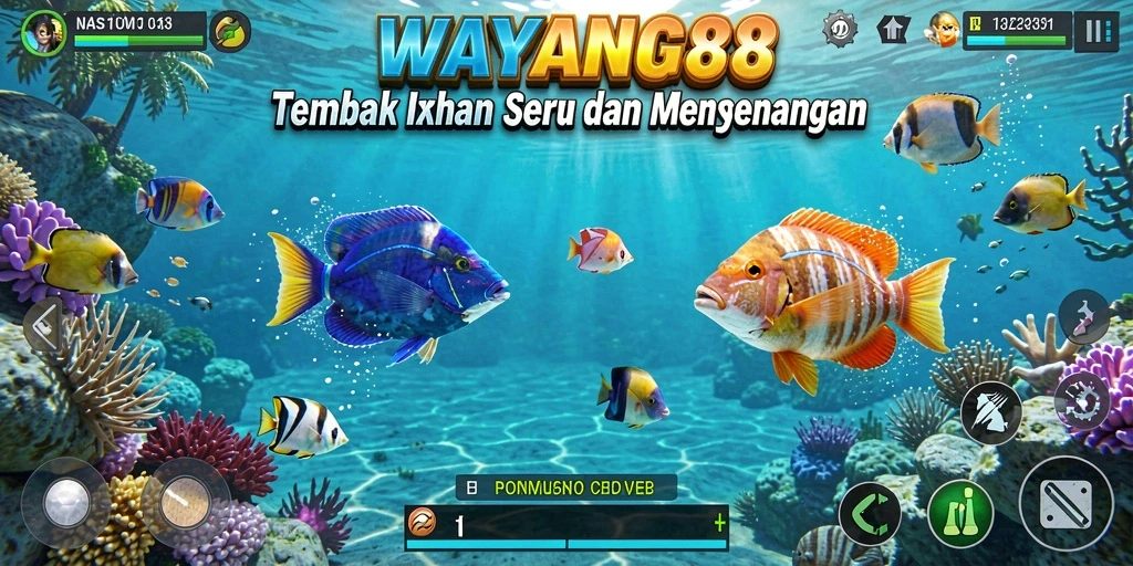 Tampilan utama permainan Tembak Ikan WAYANG88 dengan ikan berwarna-warni.