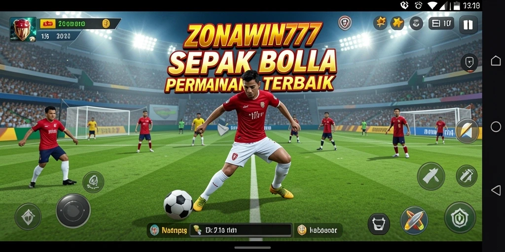 Tampilan utama gameplay ZONAWIN777 dengan aksi sepak bola seru.